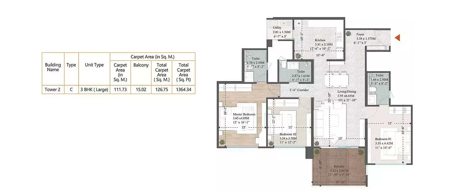 Floor plan for 3 BHK