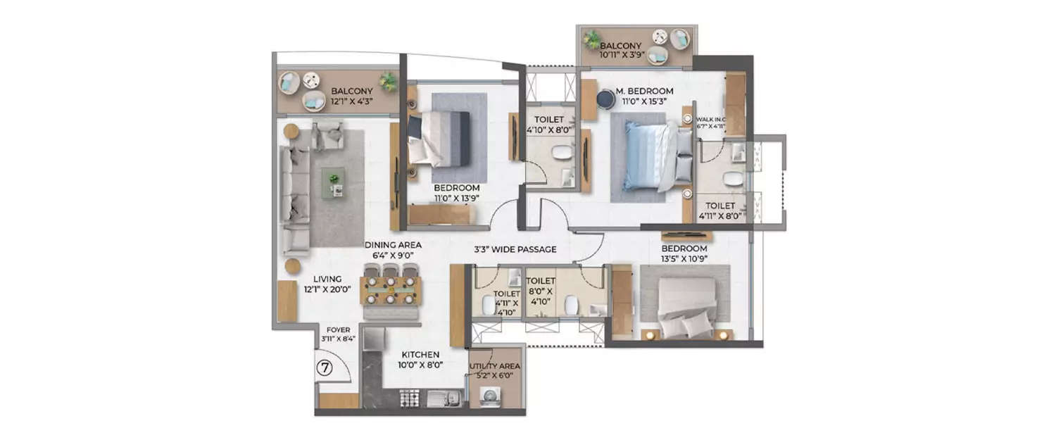 Floor plan for 3 BHK