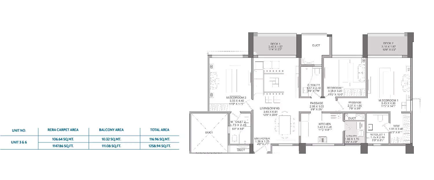Floor plan for 3 BHK