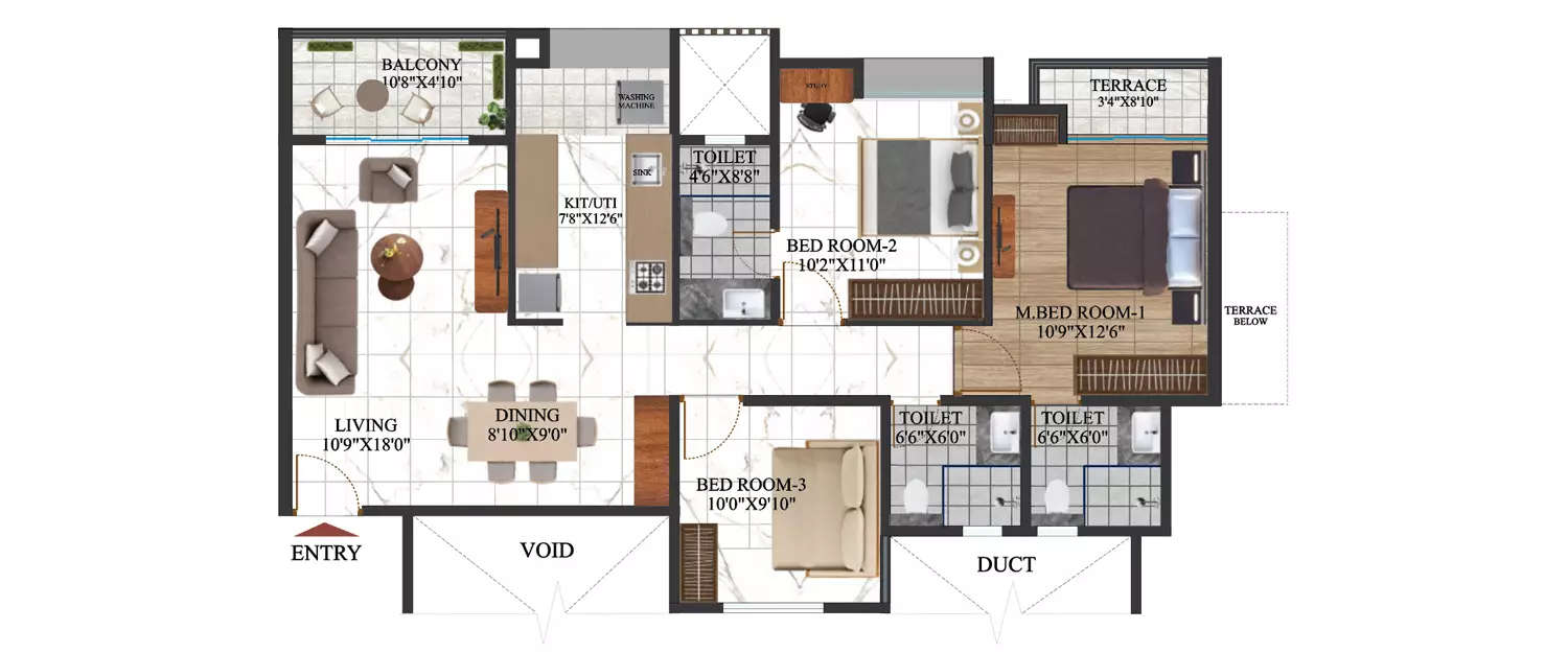 Floor plan for 3 BHK