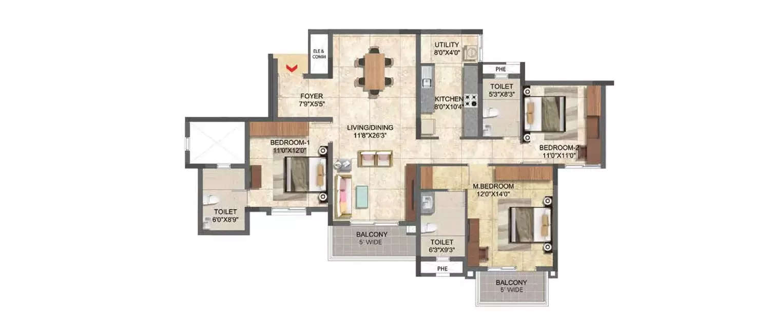 Floor plan for 3 BHK