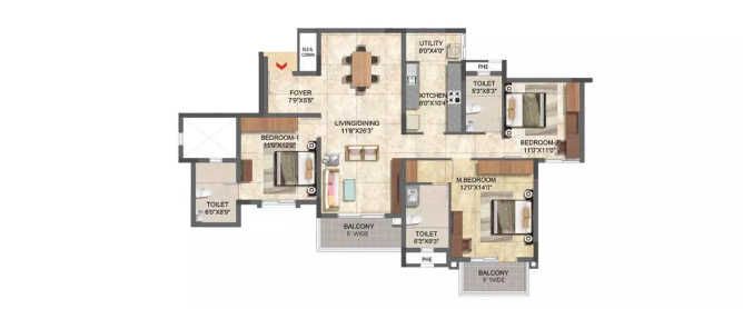 Prestige Boulevard Whitefield - Floor plan 3 BHK 1163 Sq.ft