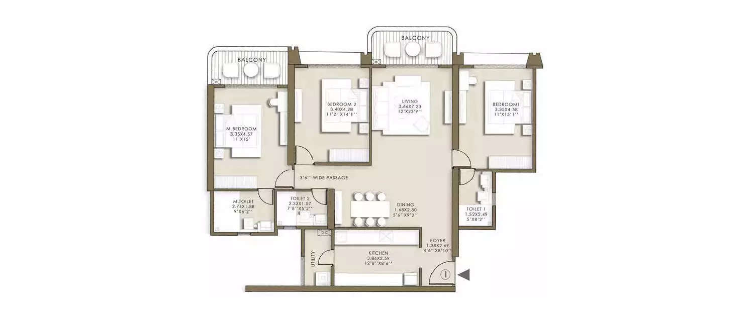 Floor plan for 3 BHK