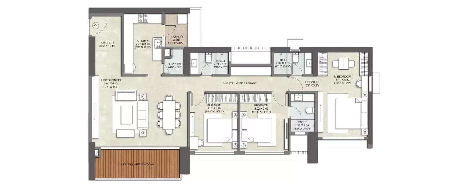 Floor plan for 3 BHK