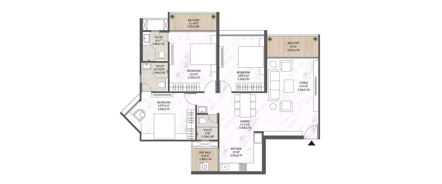 Floor plan for 3 BHK