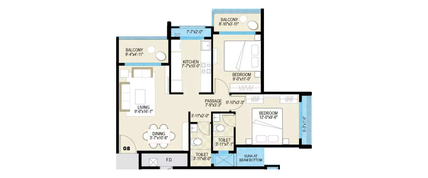 Floor plan for 2 BHK