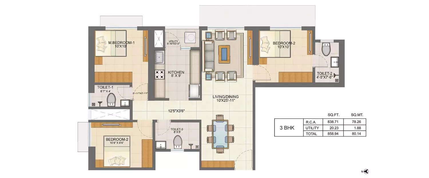 Floor plan for 3 BHK