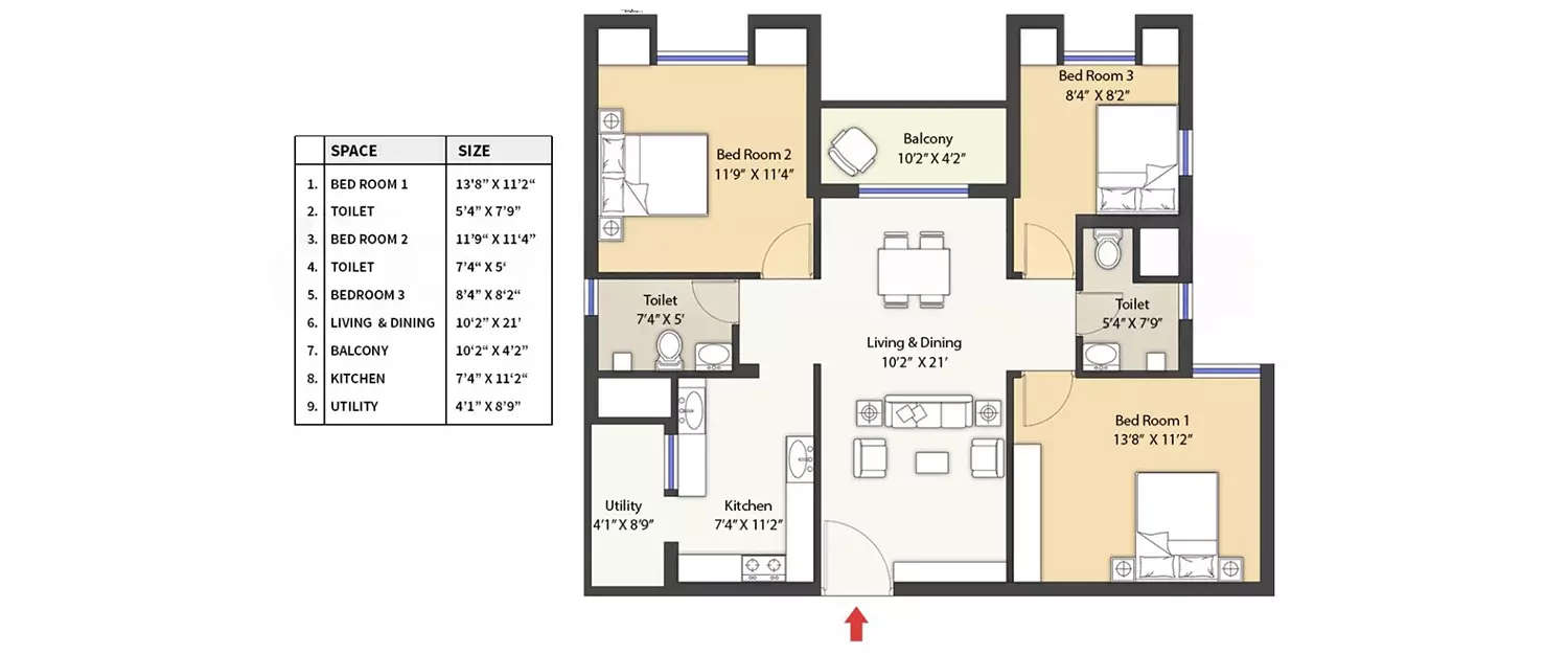 Floor plan for 3 BHK