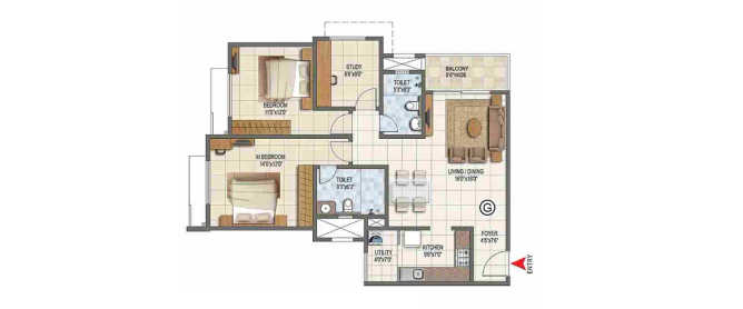 Prestige Lake Ridge Uttarahalli - Floor plan 2.5 BHK 985 Sq.ft