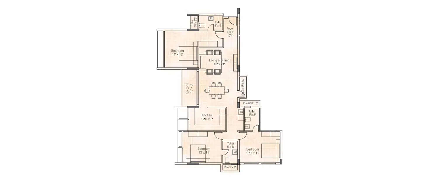 Floor plan for 3 BHK