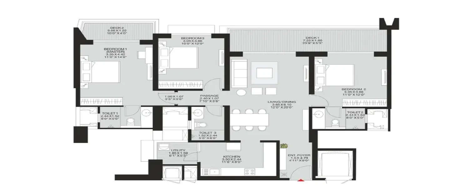 Floor plan for 3 BHK