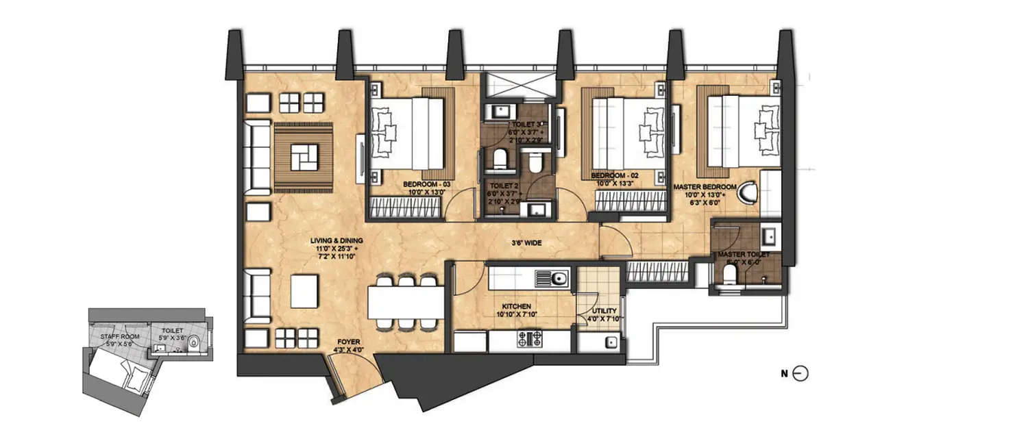 Floor plan for 3 BHK