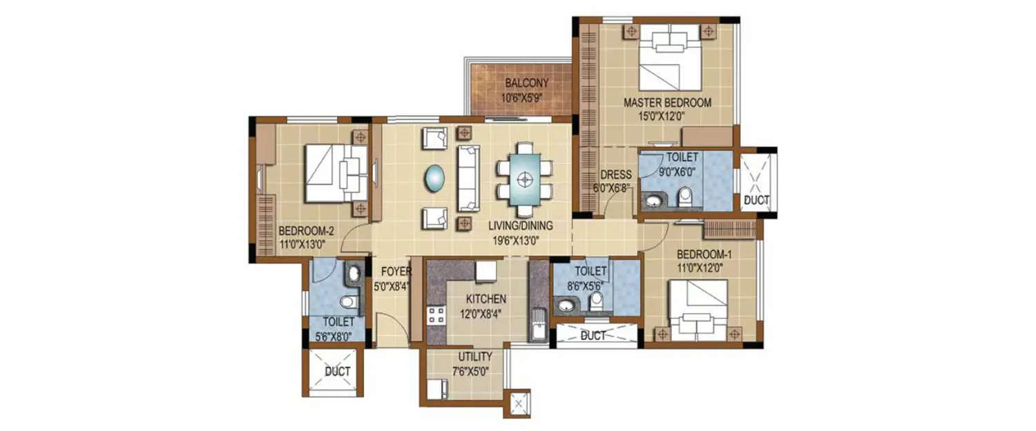 Floor plan for 3 BHK