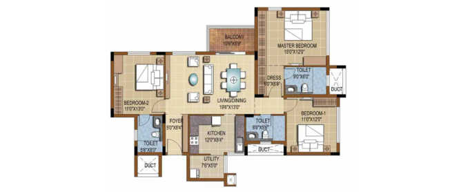 Purva Skydale Devanahalli - Floor plan 3 BHK 1156 Sq.ft