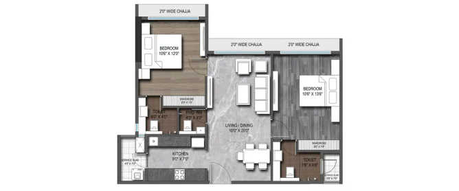 Roswalt Zaiden Oshiwara - Floor plan 2 BHK 674 Sq.ft