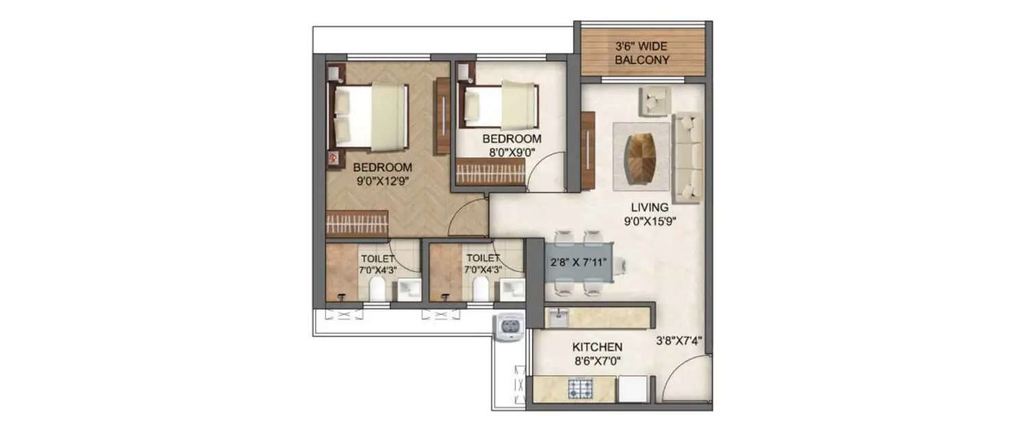 Floor plan for 2 BHK