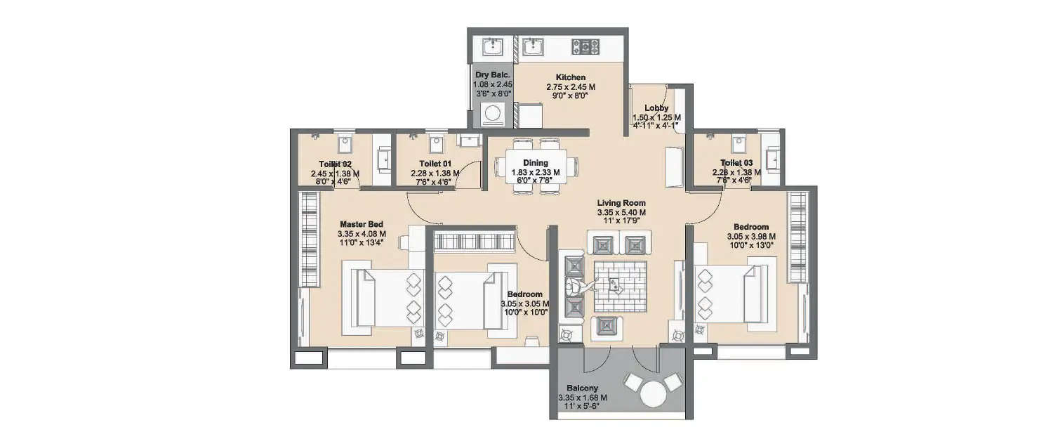 Floor plan for 3 BHK