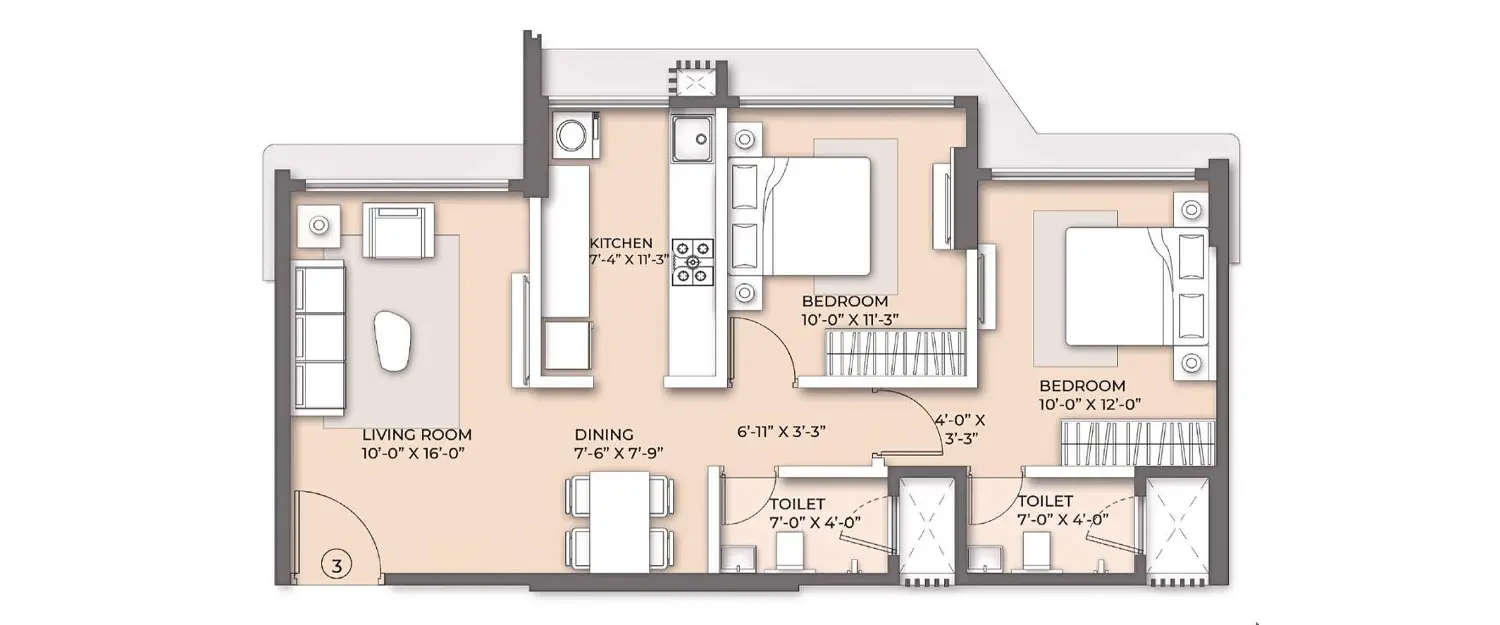 Floor plan for 2 BHK