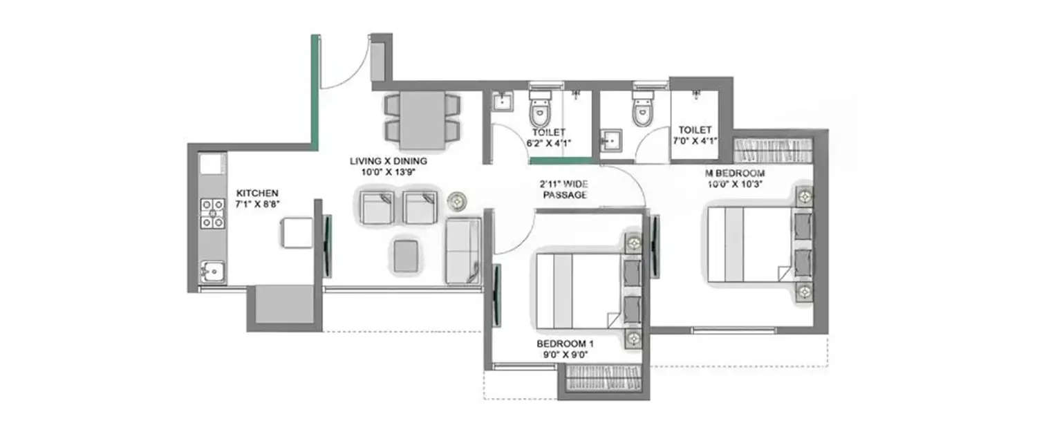 Floor plan for 2 BHK
