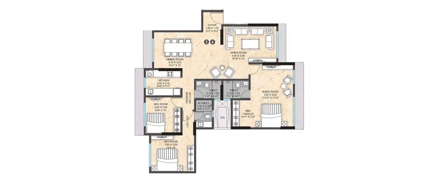 Floor plan for 3 BHK