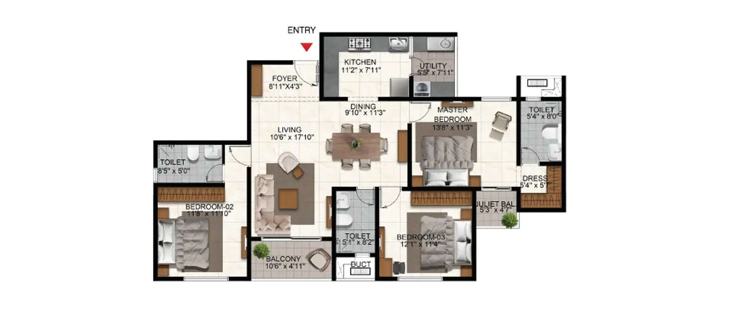 Floor plan for 3 BHK