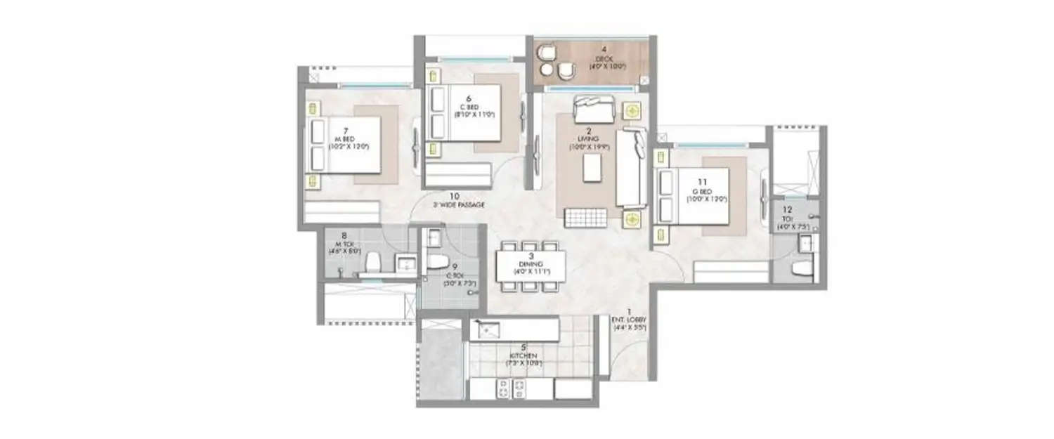 Floor plan for 3 BHK