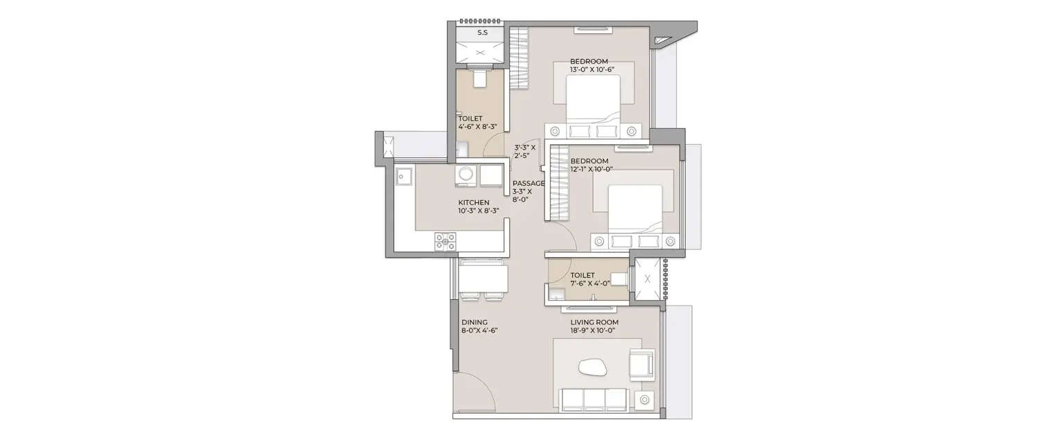 Floor plan for 2 BHK