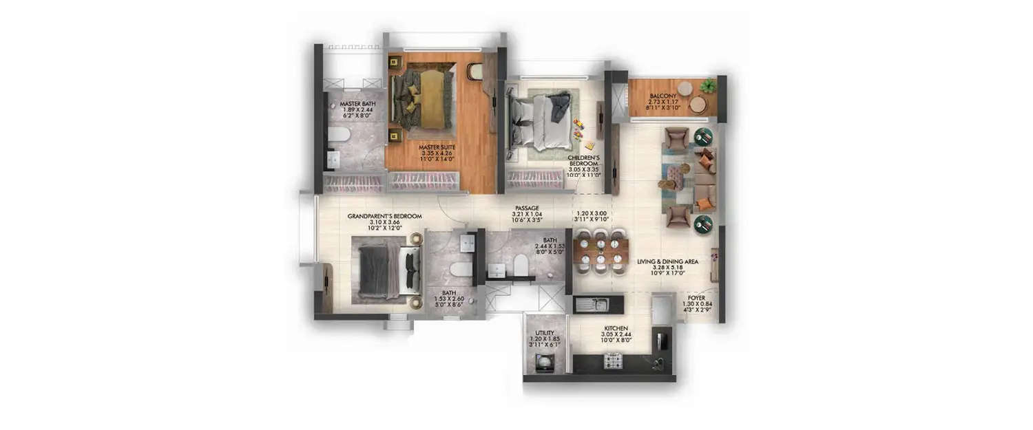 Floor plan for 3 BHK