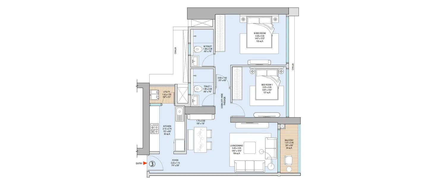 Floor plan for 2 BHK