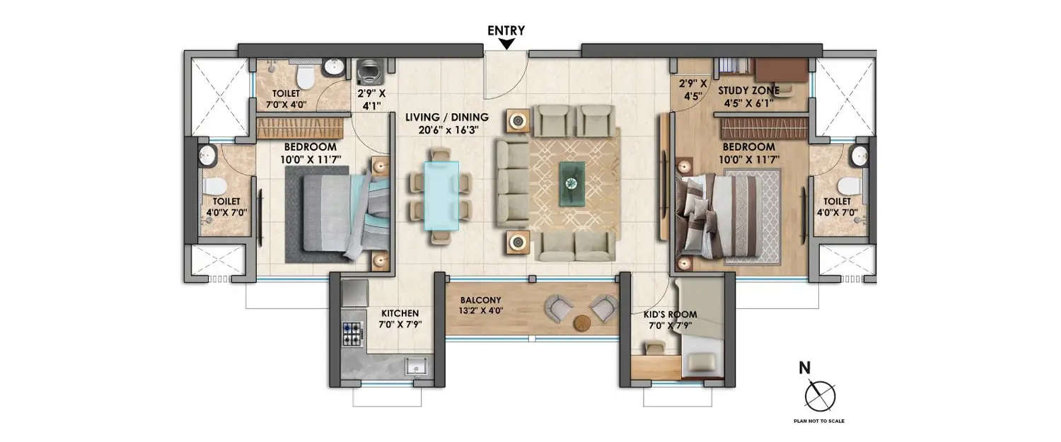 Floor plan for 3 BHK