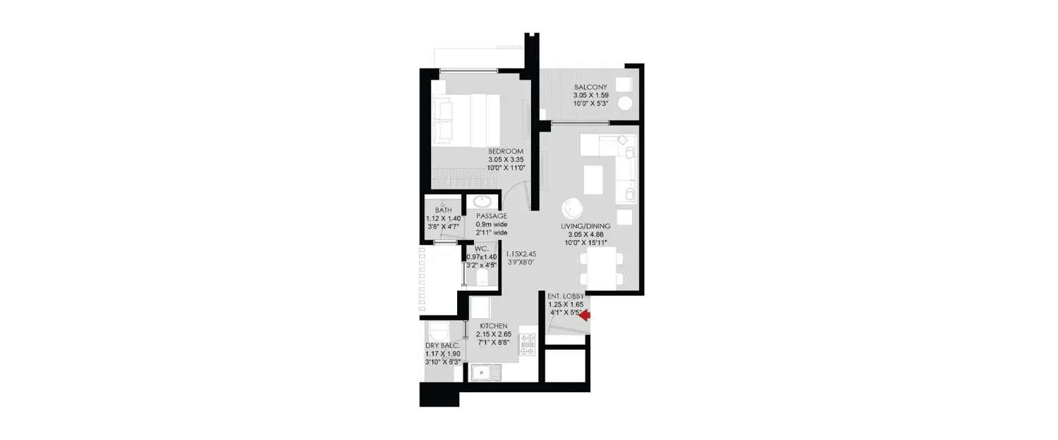 Floor plan for 1 BHK