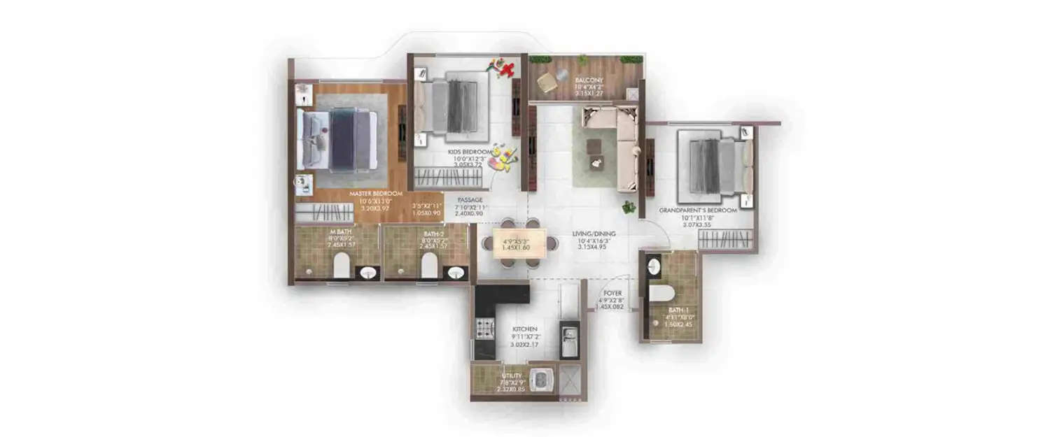 Floor plan for 3 BHK