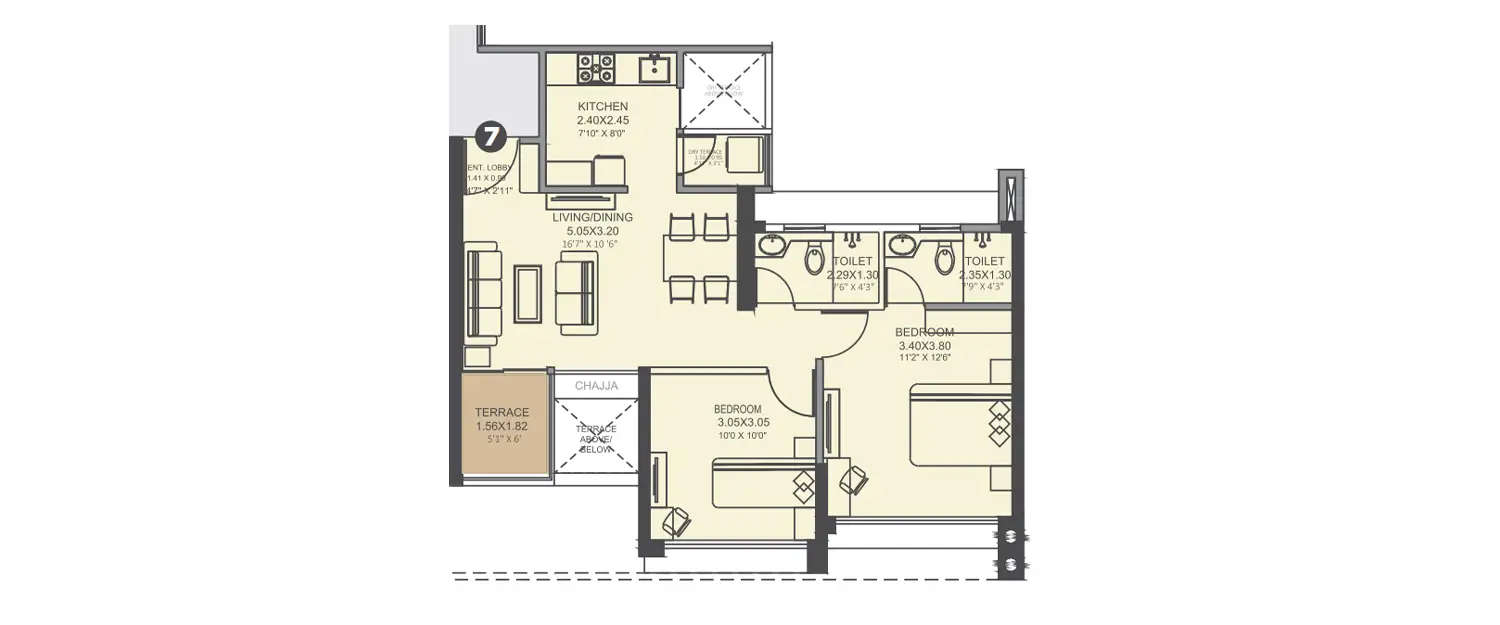 Floor plan for 2 BHK