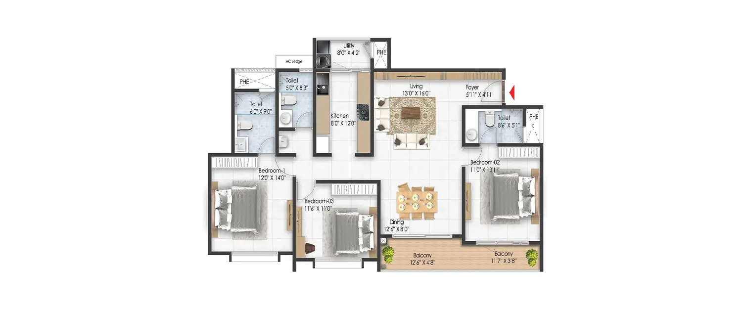 Floor plan for 3 BHK
