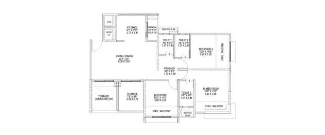 Pride Purple Park Astra Hinjewadi - Floor plan 3 BHK 807 Sq.ft