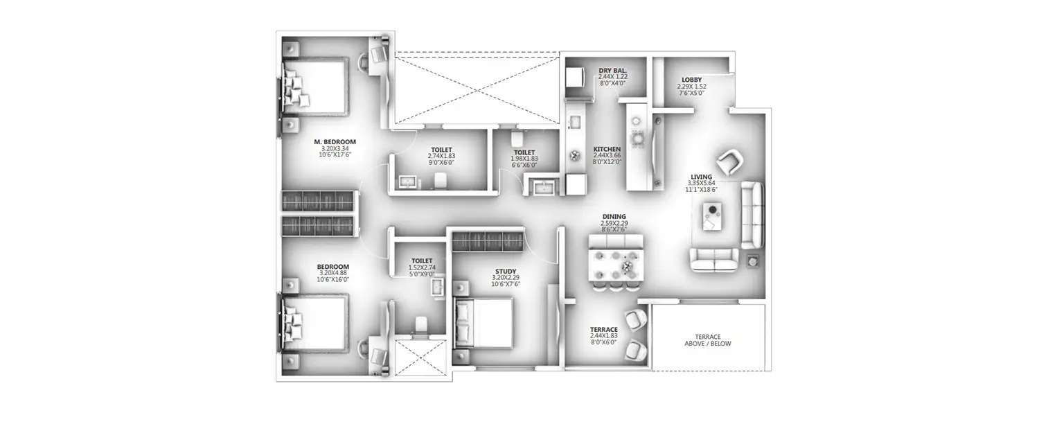 Floor plan for 3 BHK
