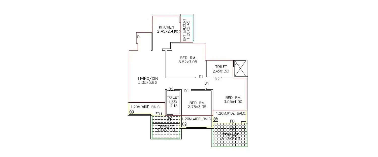 Floor plan for 3 BHK