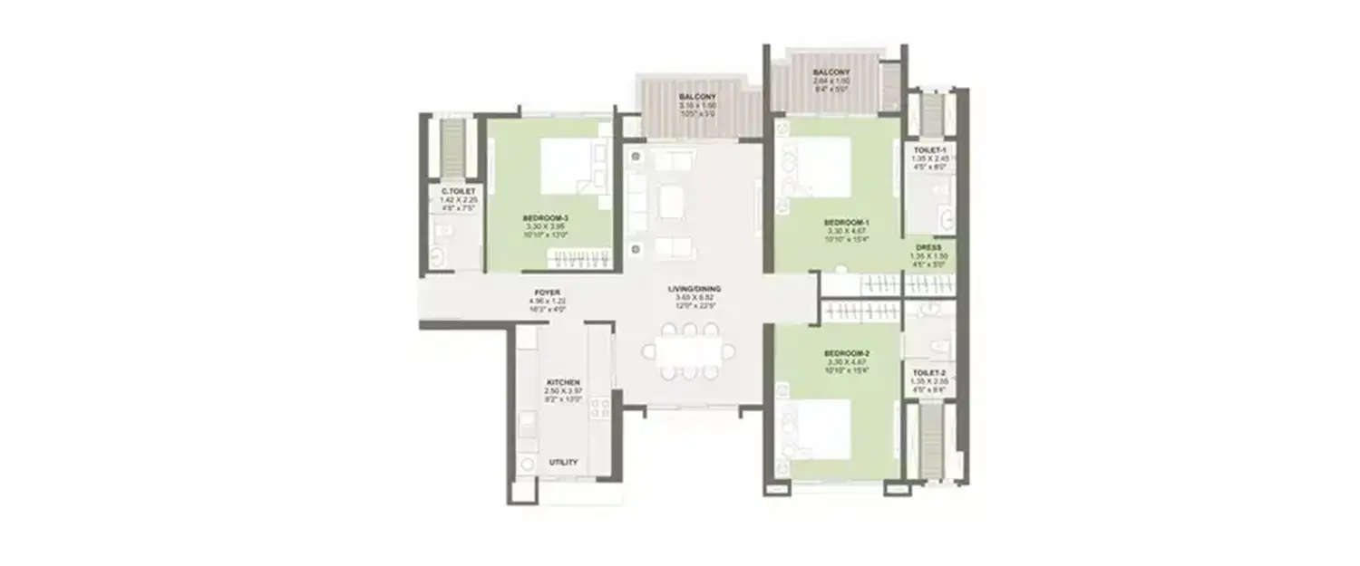 Floor plan for 3 BHK