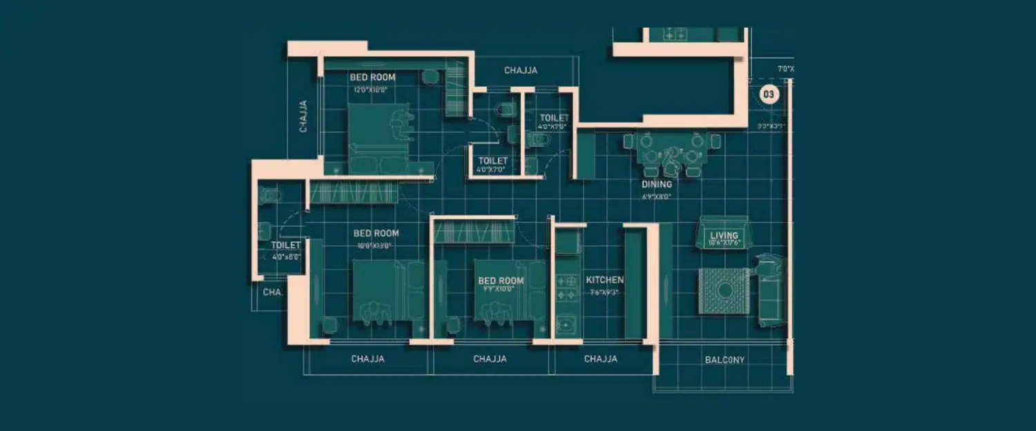 Floor plan for 3 BHK