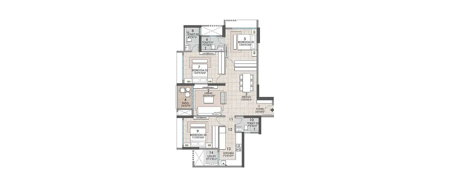 Floor plan for 3 BHK
