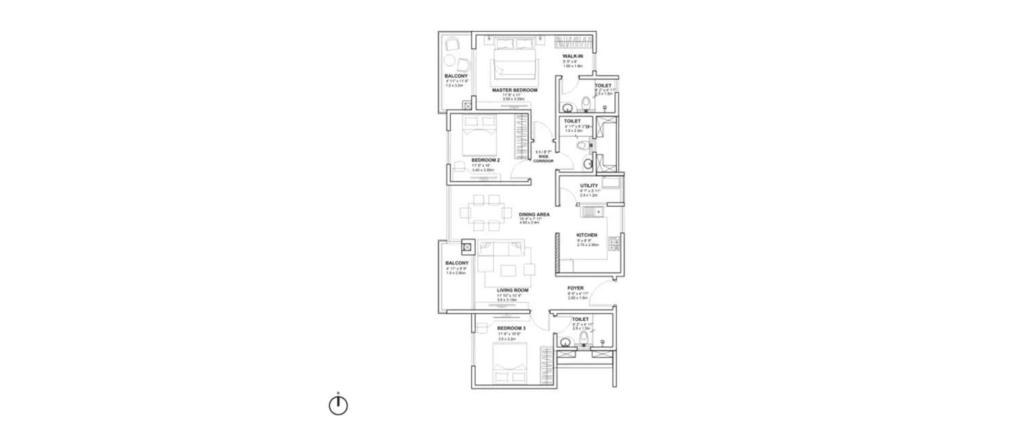 Floor plan for 3 BHK