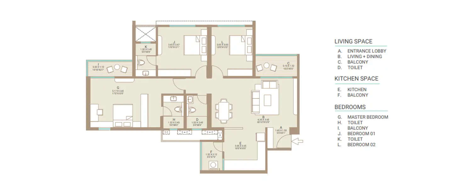 Floor plan for 3 BHK