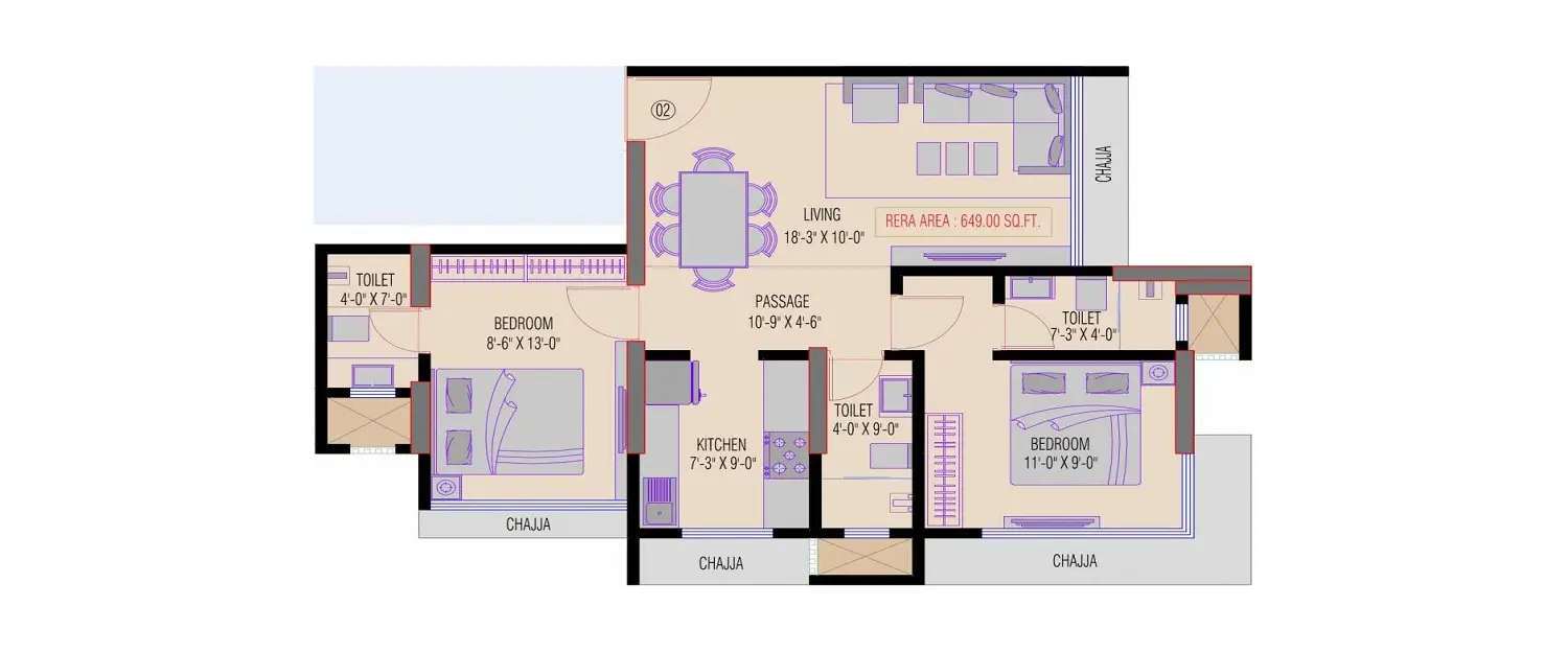 Floor plan for 2 BHK