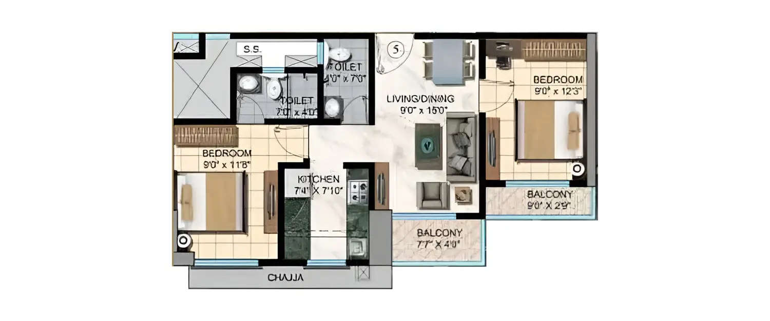 Floor plan for 2 BHK