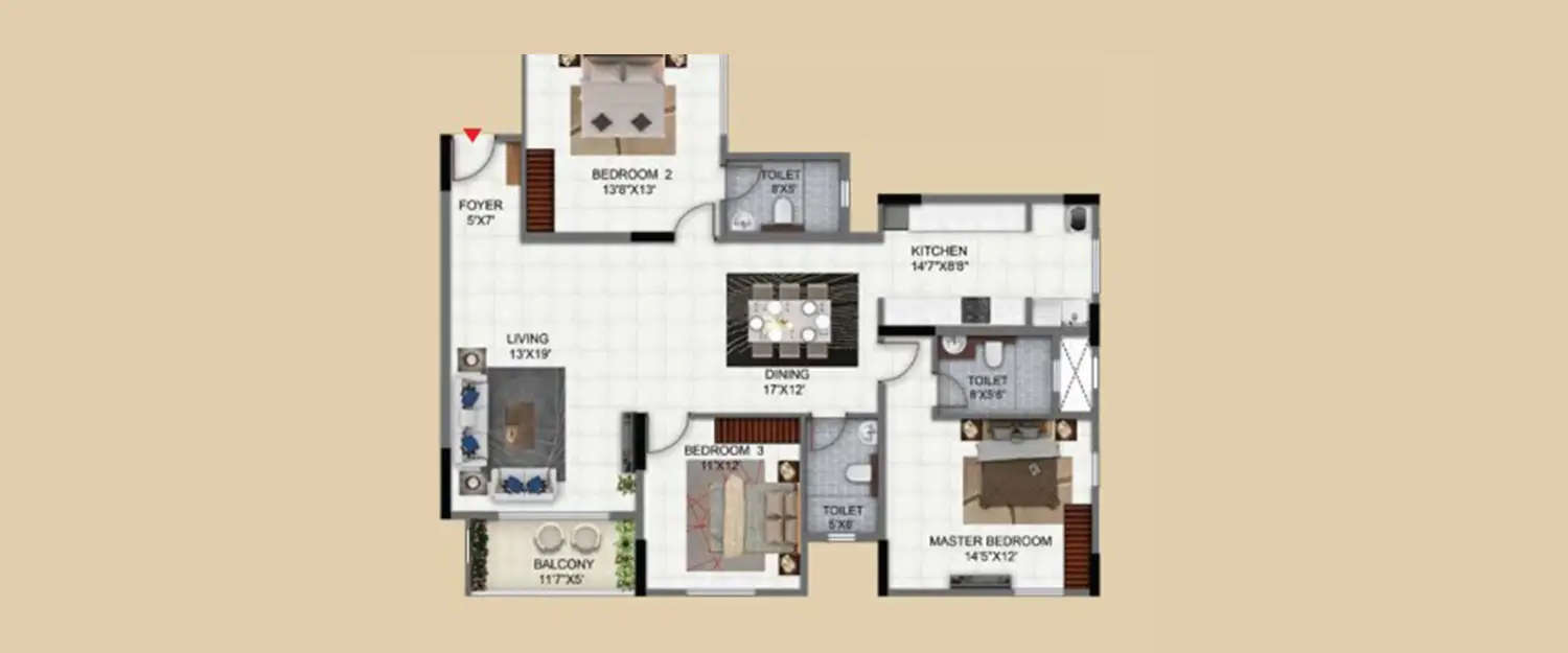 Floor plan for 3 BHK