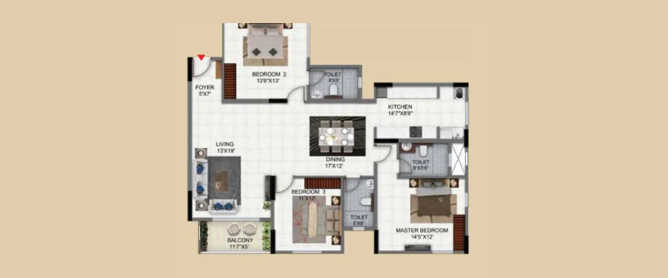 Salarpuria Sattva Exotic Dwarka Nagar - Floor plan 3 BHK 1350 Sq.ft