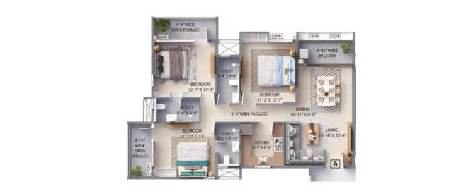 F Residences Merlin Rajarhat - Floor plan 3 BHK 1204 Sq.ft