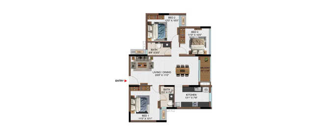 Casagrand Reva Pallavaram - Floor plan 3 BHK 1342 Sq.ft