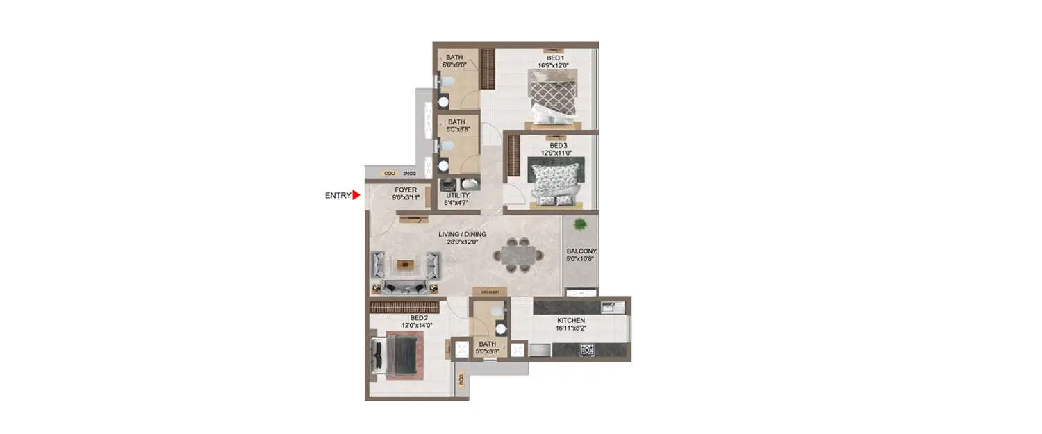 Floor plan for 3 BHK