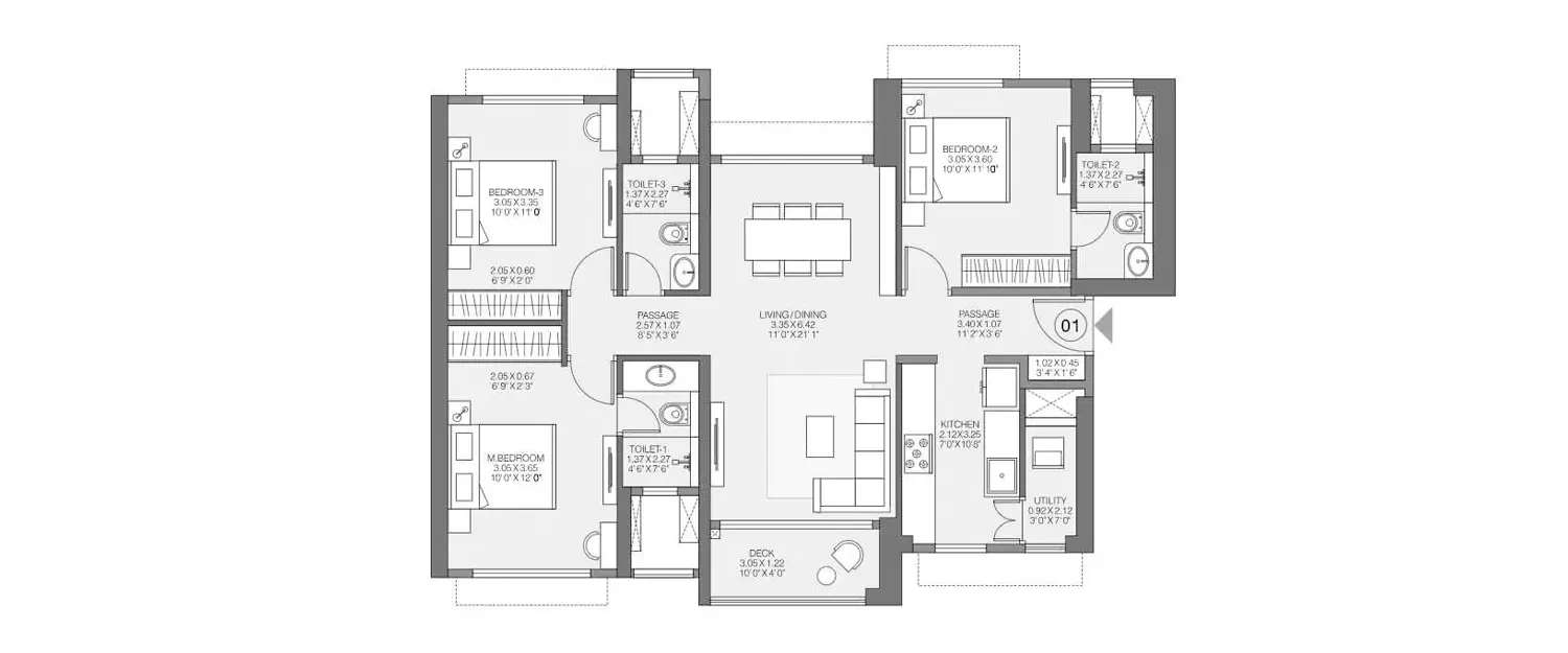 Floor plan for 3 BHK